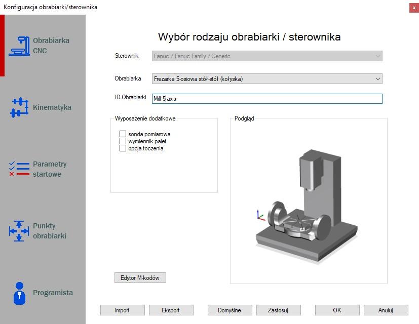 Konfiguracja sterownika / obrabiarki Sterownik - Lista wyboru dostawcy układu sterującego obrabiarką.
