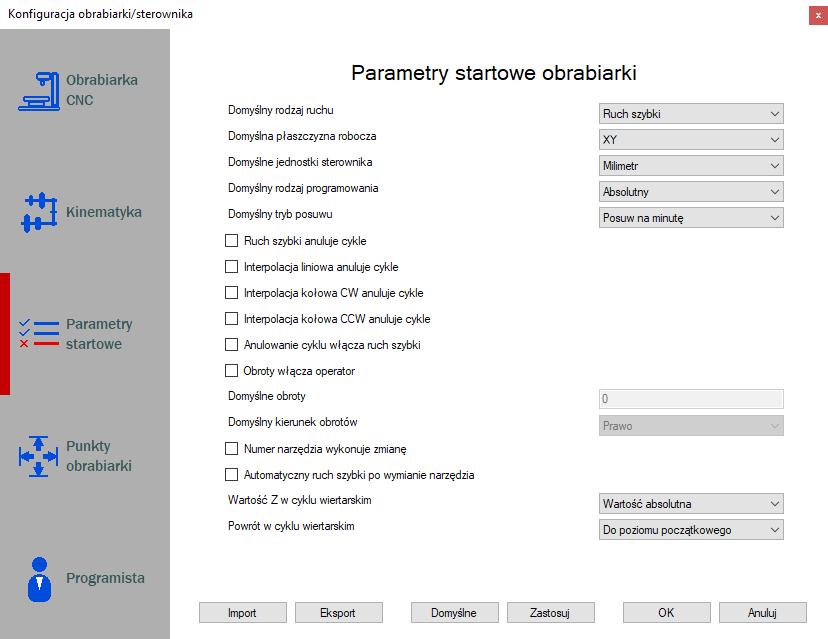 Konfiguracja - Parametry startowe Domyślny rodzaj ruchu: - Ruch szybki - program ustawia domyślny rodzaj ruchu jako ruch szybki - Interpolacja liniowa - program ustawia domyślny rodzaj ruchu jako