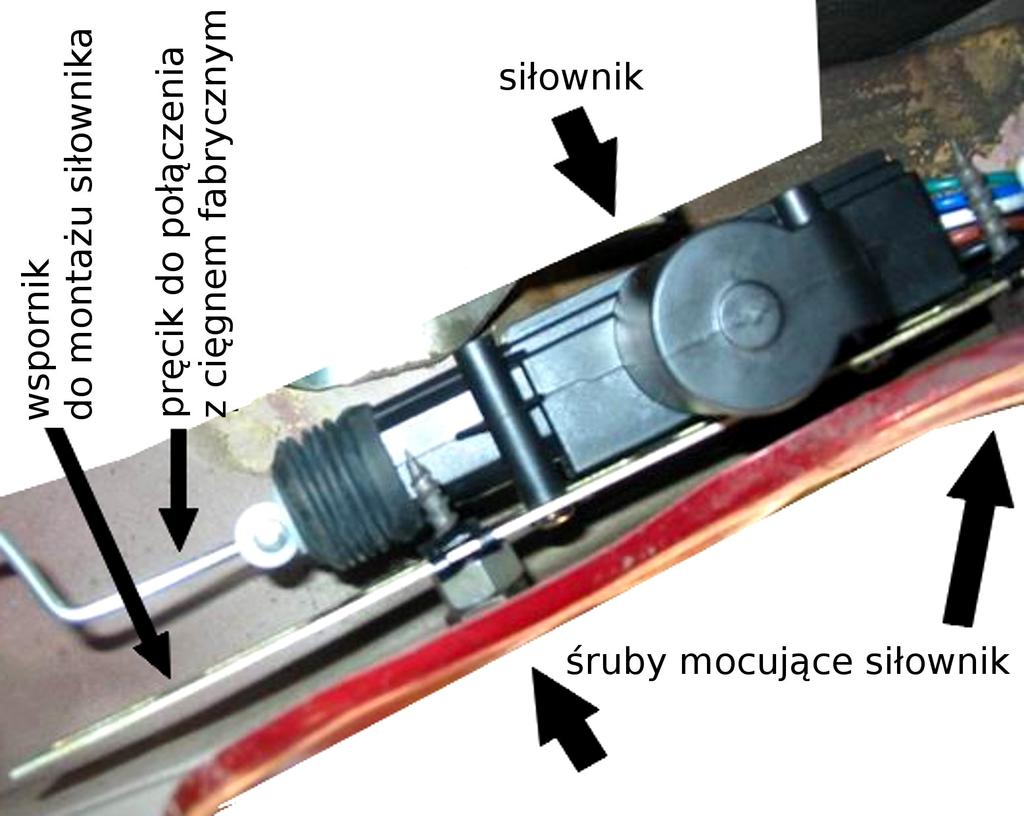 Montaż siłowników w drzwiach pojazdu Po zdjęciu boczków siłowniki mocuje się bezpośrednio do blachy za pomocą akcesoriów montażowych.
