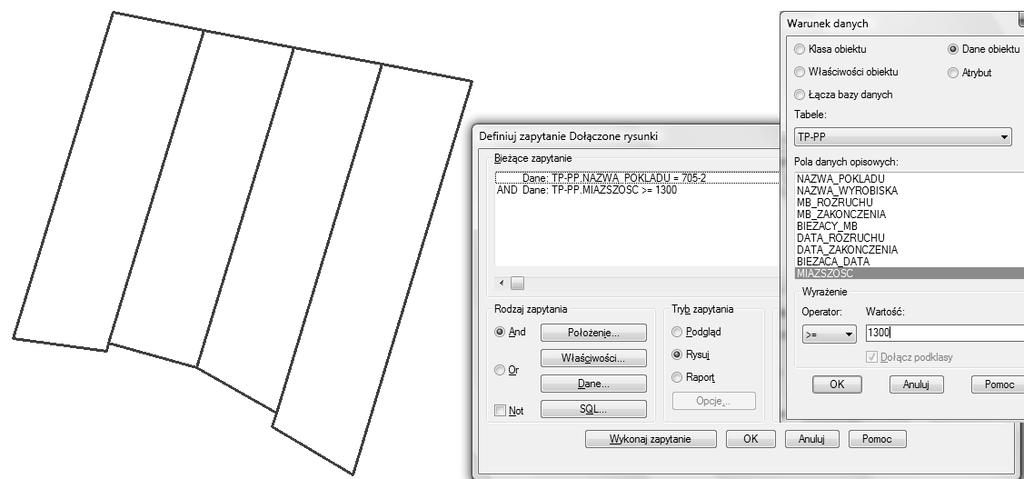 Rys. 5. Definiowanie zapytań w programie AutoCAD MAP Figure 5. Define query in AutoCAD 2.5. Raport parcel System Geolisp daje możliwość wykonania raportu dla wybranych z rysunku parcel. Rys. 6.