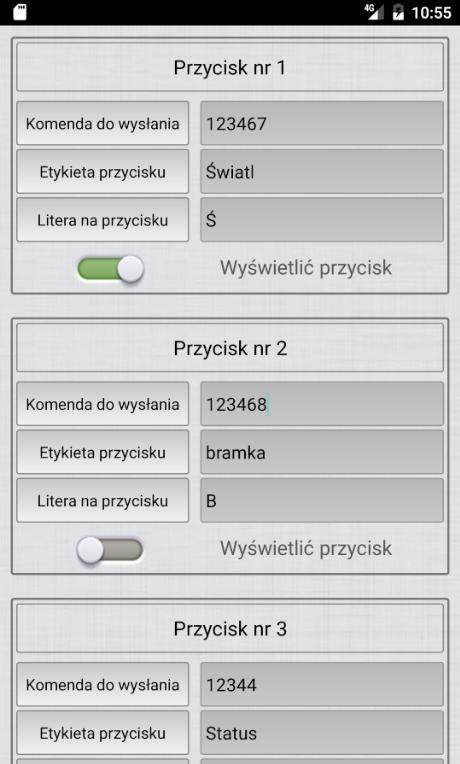 3. Dodaj przyciski 3.1 Przycisk nr.. - numer przycisku wg kolejności ze strony głównej. 3.2 Komenda do wysłania - treść sms-a, w formacie hasło do centralki plus komenda np.