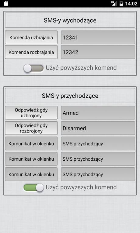 4.Opcje Admina 4.1 Standardową komendą do uzbrajania alarmu jest 1, jeśli Twoja centralka alarmowa uzbraja się inną komendą należy skorzystać z opcji SMS-y wychodzące.