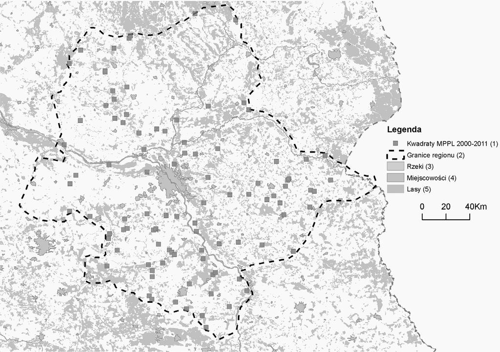 Kulon 7 () 3 Ryc.. Rozmieszczenie 97 powierzchni próbnych MPPL kontrolowanych przynajmniej raz w latach - na terenie Niziny Mazowieckiej Fig.