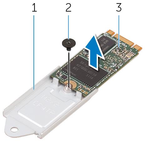 3 Odwróć zestaw dysku SSD i wykręć śrubę (M2x2) mocującą dysk SSD do wspornika dysku SSD. Rysunek 10.