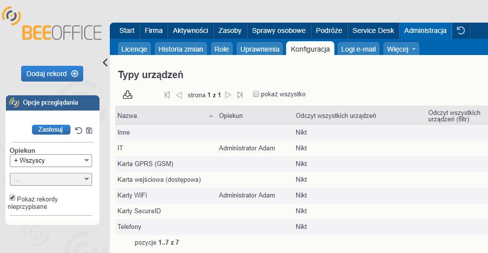 2. Konfigurowanie rodzajów urządzeń Kategorie urządzeń należy skonfigurować w zależności od rodzaju przedmiotów które będą dodawane do systemu BeeOffice.