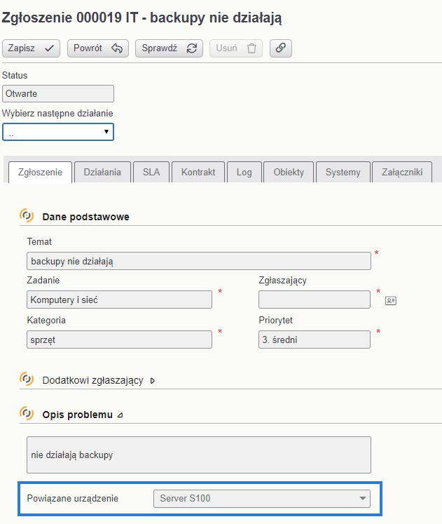5. Powiązanie urządzenia ze zgłoszeniem serwisowym. Urządzenia można powiązać również z zadaniami serwisowymi.