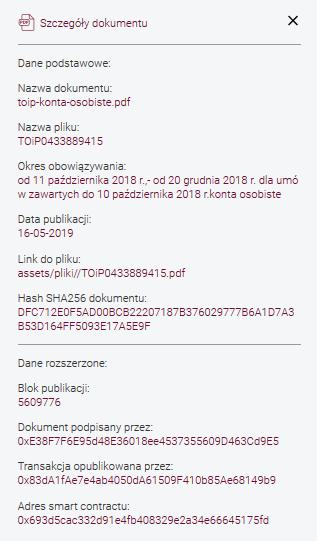 Potwierdzeniem niezmienności będzie Status Zweryfikowany Obok w opcji możliwe jest obejrzenie szczegółów dokumentu pobranych z tej sieci blockchain.