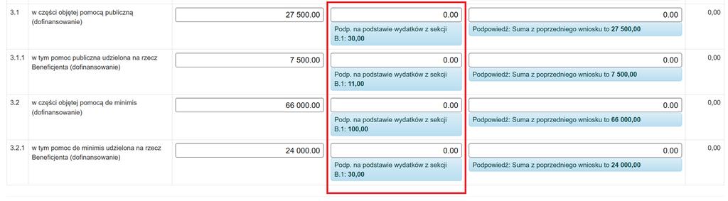 Dodatkowo system w formularzu wniosku o płatność w sekcji D.4. Postęp rzeczowy w kolumnie Kwota wydatków kwalifikowalnych określona we wniosku o dofinansowanie w wierszach: - 3.