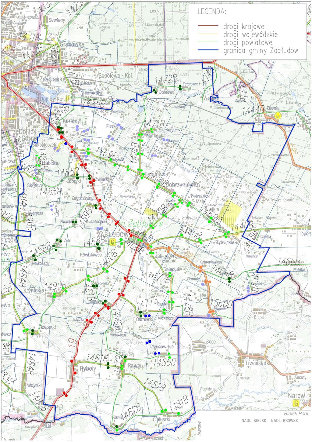 egenda: - istniejące przystanki komunikacyjne przy drodze krajowej 9 - istniejące przystanki komunikacyjne przy drodze wojewódzkiej 8 - istniejące przystanki komunikacyjne przy drogach powiatowych -