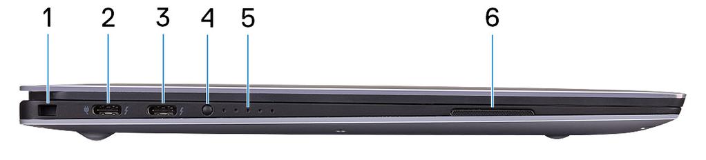 4 Gniazdo słuchawek UWAGA: Do komputera jest dołączony adapter Dell USB-C/USB-A 3.0. Za pomocą tego adaptera możesz podłączać starsze akcesoria USB 3.0 do portów USB (Type-C).
