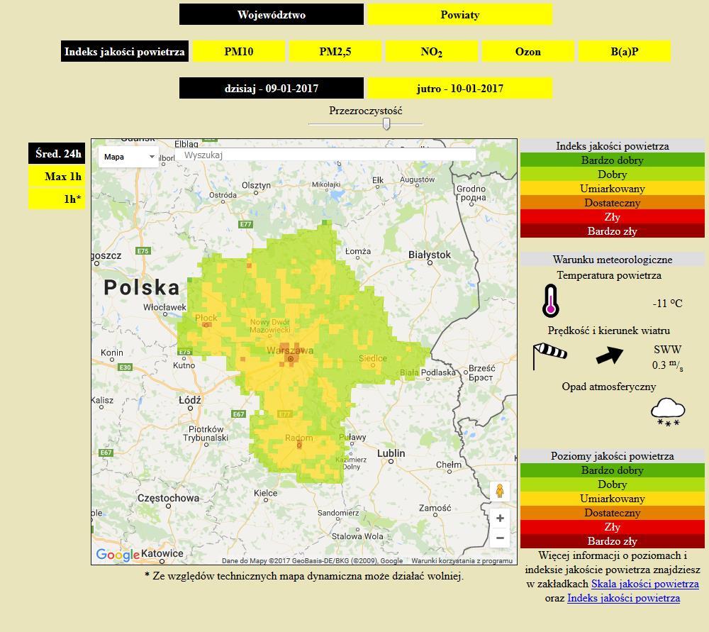 ZAGROŻENIA ŚRODOWISKA Wyniki pomiarów zanieczyszczeń powietrza za minioną dobę [w