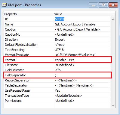 3.2 Format pliku Variable Format variable charakteryzuje się tym, że pola są oddzielane separatorem. Ćwiczenie krok po kroku: 1. Otwórz w trybie projektowania XMLport G/L Account Export Fixed (50002).