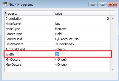 We właściwościach każdego węzła powiązanego z polem tabelki ustaw właściwość "Width". Przykład dla węzła "No.