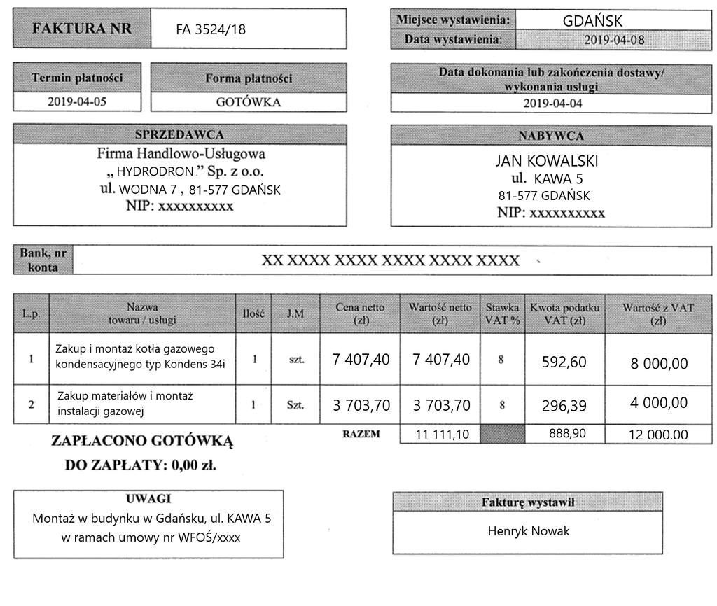 Faktura W rezultacie przeprowadzonego przedsięwzięcia oraz odbioru wykonanych prac potwierdzonych podpisaniem Protokołu odbioru robót wykonawcy, wykonawca wystawia fakturę lub rachunek.