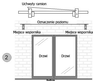 narysowanej wcześniej linii na ścianie/suficie. Oznacz odpowiednie miejsca na ścianie za pomocą markera przez otwory w dolnej części wsporników.