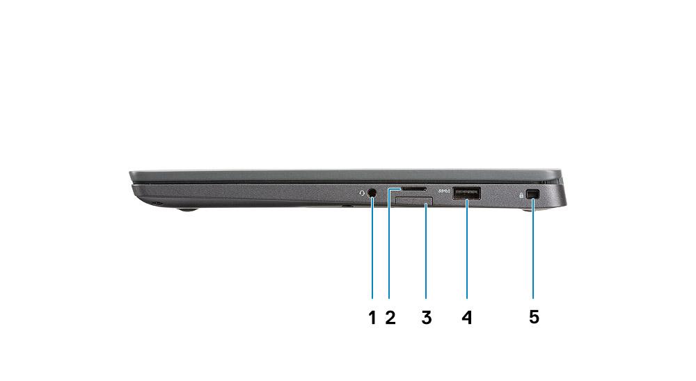 4 Wskaźnik LED stanu kamery 5 Nadajnik podczerwieni 6 Mikrofony 7 Panel wyświetlacza 8 Wskaźnik LED stanu akumulatora Widok z lewej strony 1 Złącze zasilacza 2 Port USB Type-C 3.