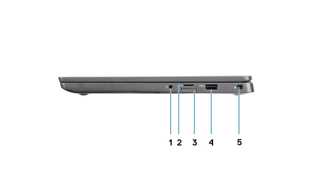 4 Wskaźnik LED stanu kamery 5 Mikrofon 6 Panel wyświetlacza 7 Wskaźnik LED stanu akumulatora Widok z lewej strony 1 Złącze zasilacza 2 Port USB Type-C 3.