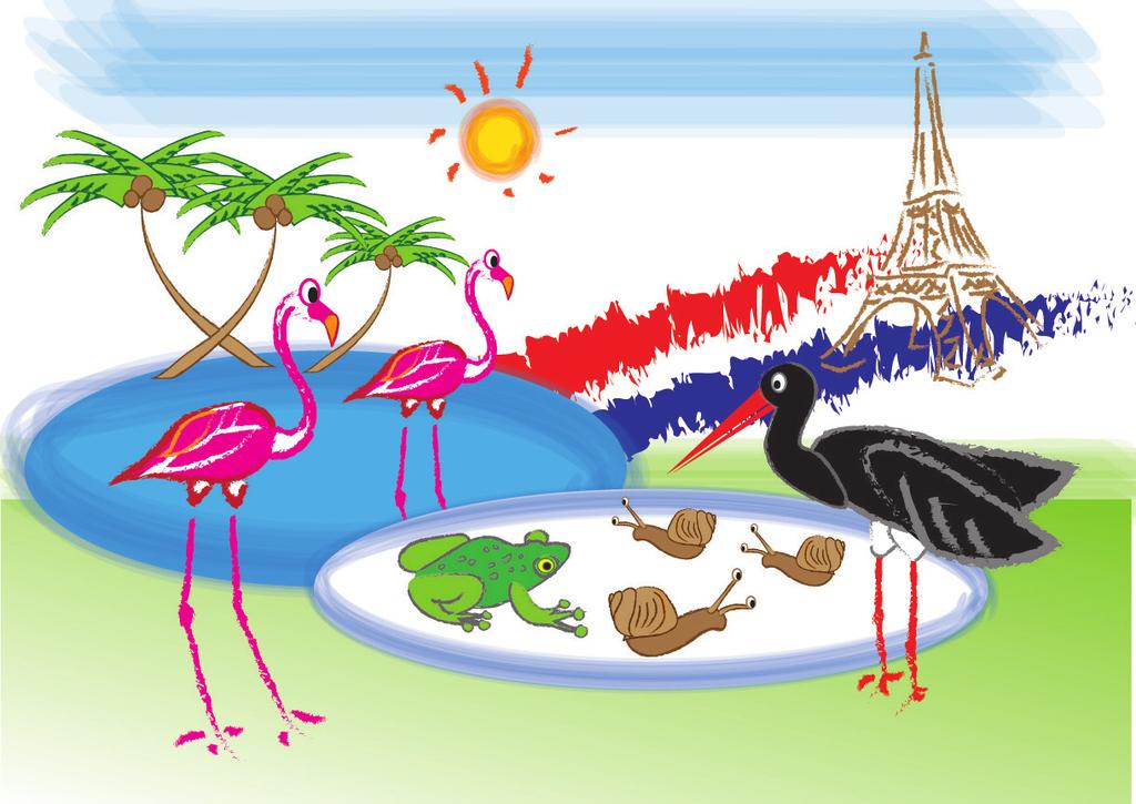 Les flamants roses od razu go zrozumiały i obdarowały różnymi smakołykami.