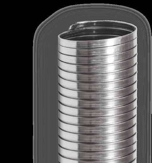 Węże metalowe z zaprasowanej taśmy stalowej Wykonane ze stali ISI 304 Wąż stalowy wykonany ze spiralnie zwijanej, zaprasowanej taśmy, o płaskim, zamkniętym profilu, uzyskuje swoją elastyczność dzięki
