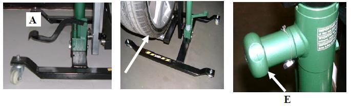 Zdejmowanie koła 1. Kiedy pojazd znajduje się na wyciągniętym podnośniku należy wsunąć rolki wózka pod koło, które ma być zdjęte. Należy uważać, aby wózek nie dotknął pojazdu. 2.