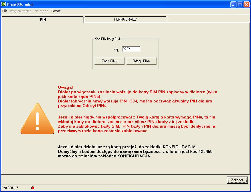 OPROGRAMOWANIE ProxGSM Zakładka PIN Zakładka umożliwia odczyt i zapis PINu karty SIM. Dialer po włączeniu zasilania wpisuje na żądanie karty SIM PIN, który ma zapisany w pamięci.