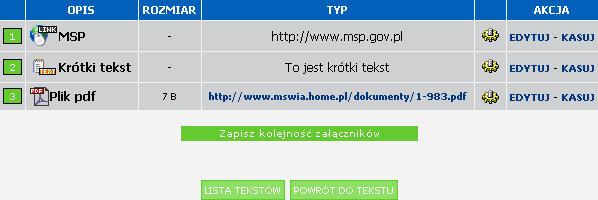 Aby dodać załącznik będący linkiem do strony głównej Ministerstwa Skarbu Państwa wpisujemy nazwę załącznika (np.: MSP) w polu Nazwa:, a następnie w polu Link: wpisujemy http://www.msp.gov.