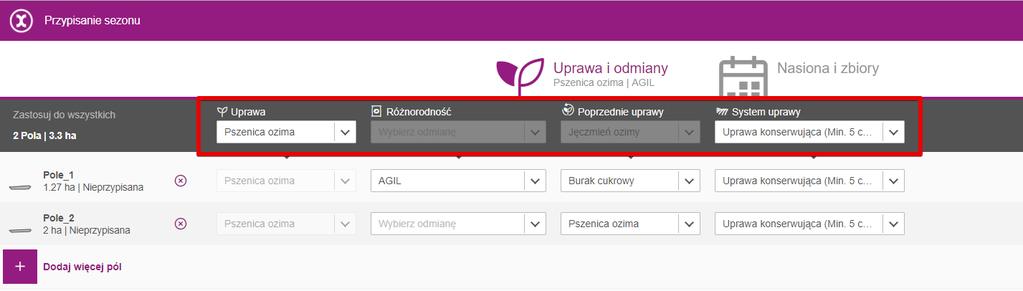 Następnie wybierz pole, któremu chcesz przypisać ten sam rodzaj uprawy.