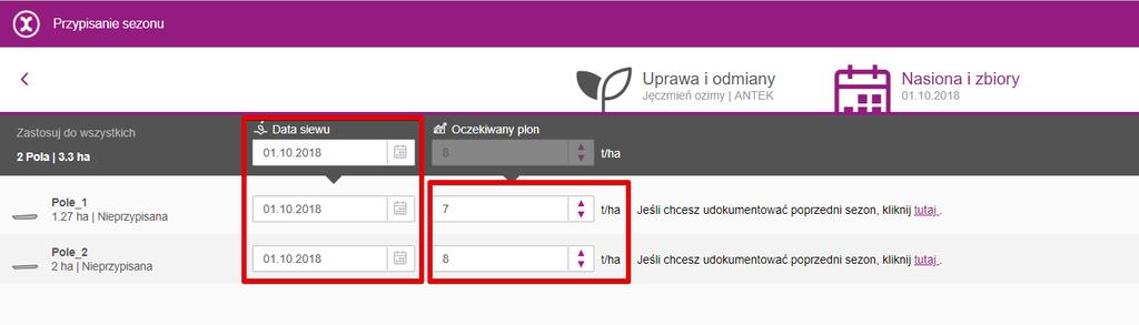 Następnym krokiem jest dodanie informacji dotyczących siewu i zbioru upraw: Na tym etapie możesz określić czas siewu i wielkość oczekiwanego zbioru Następnie możesz dodać datę zbiorów i aktualny