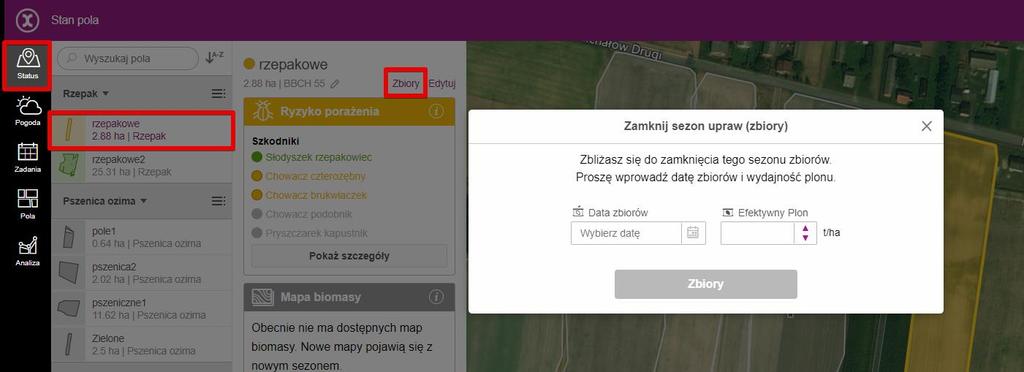 3. PODSTAWY 3.1 Status pola W sekcji Status znajdują się informacje dotyczące fazy wzrostu, a także ryzyka wystąpienie chorób i szkodników.