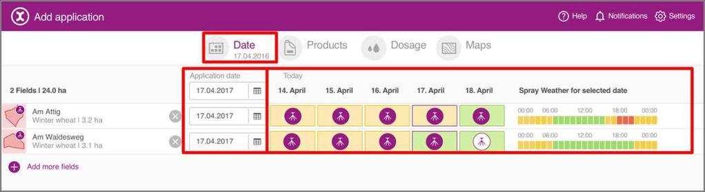 Ochrona upraw Jeśli klikniesz na Ochronę uprawy, możesz dodawać działania do wybranego pola, a klikając na + dodaj więcej pól, dodawać zadania do wielu pól W tabeli Data zabiegu możesz zmieniać datę