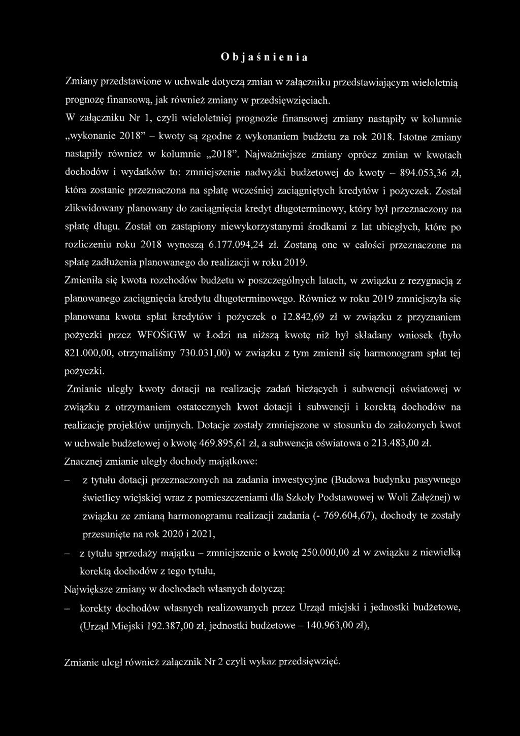 Objaśnienia Zmiany przedstawione w uhwale dotyzą zmian w załązniku przedstawiająym wieloletnią prognozę finansową, jak również zmiany w przedsięwzięiah.