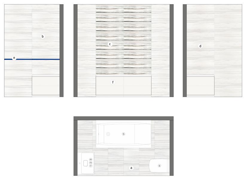 structure 25x75 e - GLASS cobalt border NEW 3x75 f - WHITE glossy 25x75 3D/BE: 1 - METROPOLITAN 60 washbasin 2 - METROPOLITAN 60 washbasin