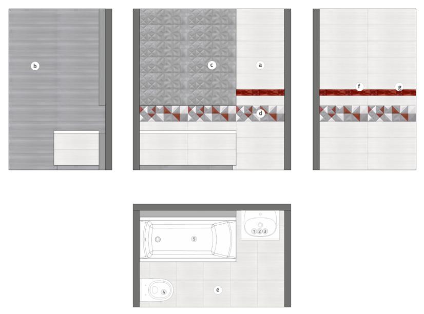 LINES white 42x42 f - GLASS red inserto NEW 9,9x29,7 g - GLASS red inserto NEW 9,9x9,9 3D/BE: 1 - STREET FUSION 50 washbasin 2 - STREET FUSION 60 washbasin cabinet