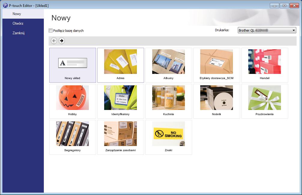 Jak korzystać z aplikacji P-touch Editor 3 Wybierz jedną z wyświetlanych opcji: 4 3 1 2 6 1 Aby utworzyć nowy układ, kliknij dwukrotnie [Nowy układ] lub kliknij [Nowy układ], a następnie [ ].