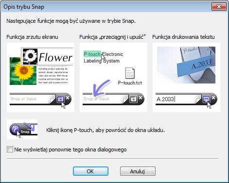 Jak korzystać z aplikacji P-touch Editor Tryb Snap Ten tryb pozwala wykonać zrzut fragmentu lub całego ekranu komputera, wydrukować go jako obraz i zapisać do wykorzystania w