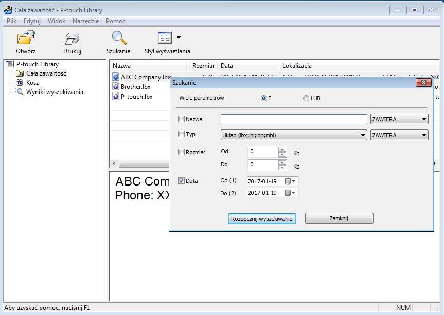 Jak korzystać z aplikacji P-touch Library (tylko system Windows) Wyszukiwanie szablonów 7 Umożliwia wyszukiwanie szablonów zarejestrowanych w aplikacji P-touch Library. 1 Kliknij przycisk [Szukanie].