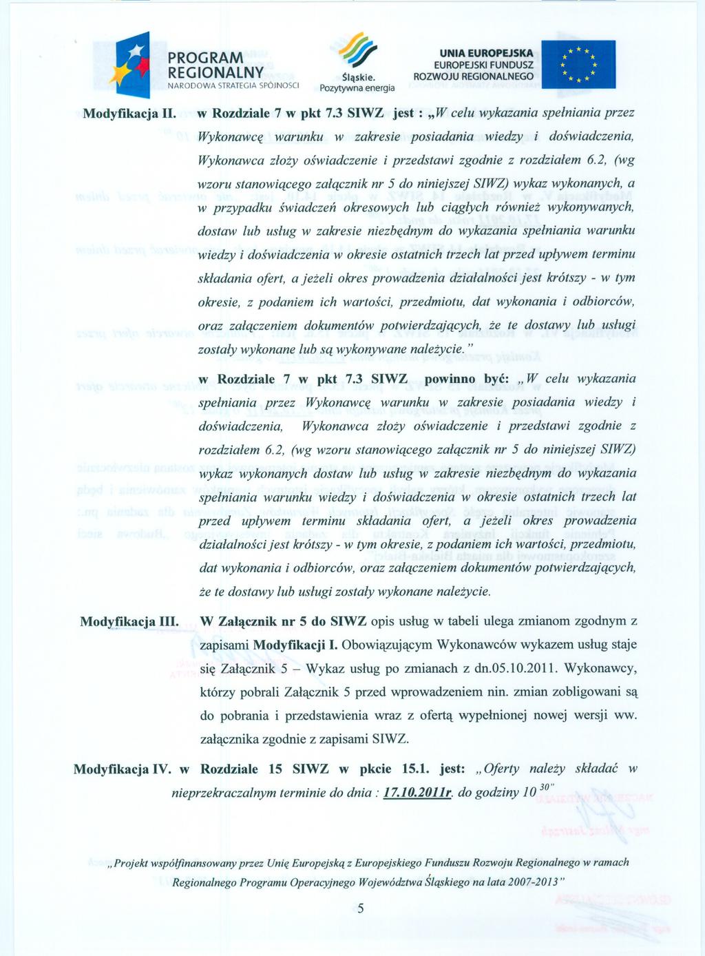 NARODOWA STRATEGIA SPÓJNOSCI Slaskie. Modyfikacja II. w Rozdziale 7 w pkt 7.