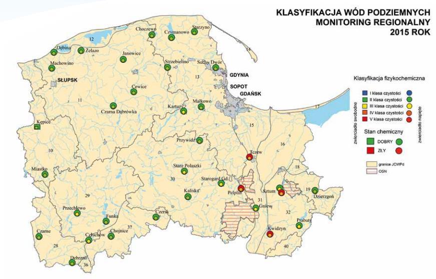 Rysunek 6 Punkty pomiarowe wód podziemnych na obszarze województwa pomorskiego badanych przez WIOŚ w 2015 roku Źródło: http://www.gdansk.wios.gov.pl 5.4.1.1. Ujęcia wód podziemnych na terenie Gminy Czarna Woda Zgodnie z ustawą z dnia 18 lipca 2001 r.