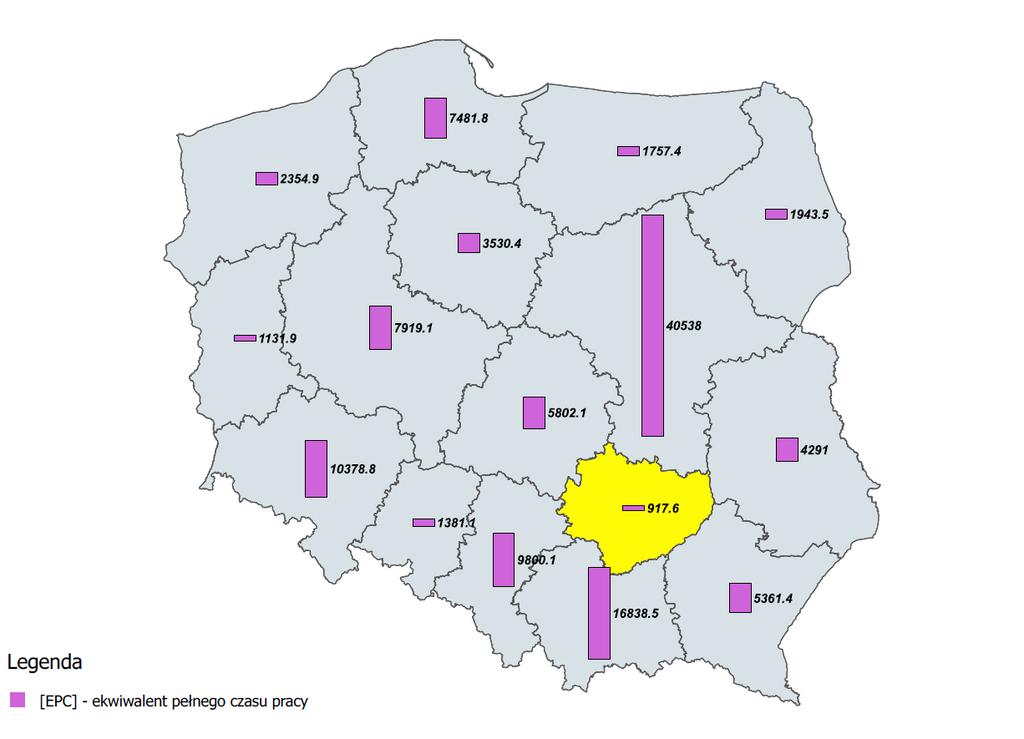 Mapa 1. Ekwiwalent pełnego czasu pracy 1 w B+R wg. województw w 2017 roku Źródło: Opracowanie własne na podstawie GUS/BDL 2.