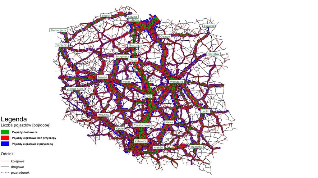 Rys. 5. Obciążenie sieci transportowej Polski pojazdami ciężarowymi dla wariantu wg kryterium minimalizacji drogi przewozu (MD) Źródło: Opracowanie własne z wykorzystaniem modelu EMITRANSYS w Visum.