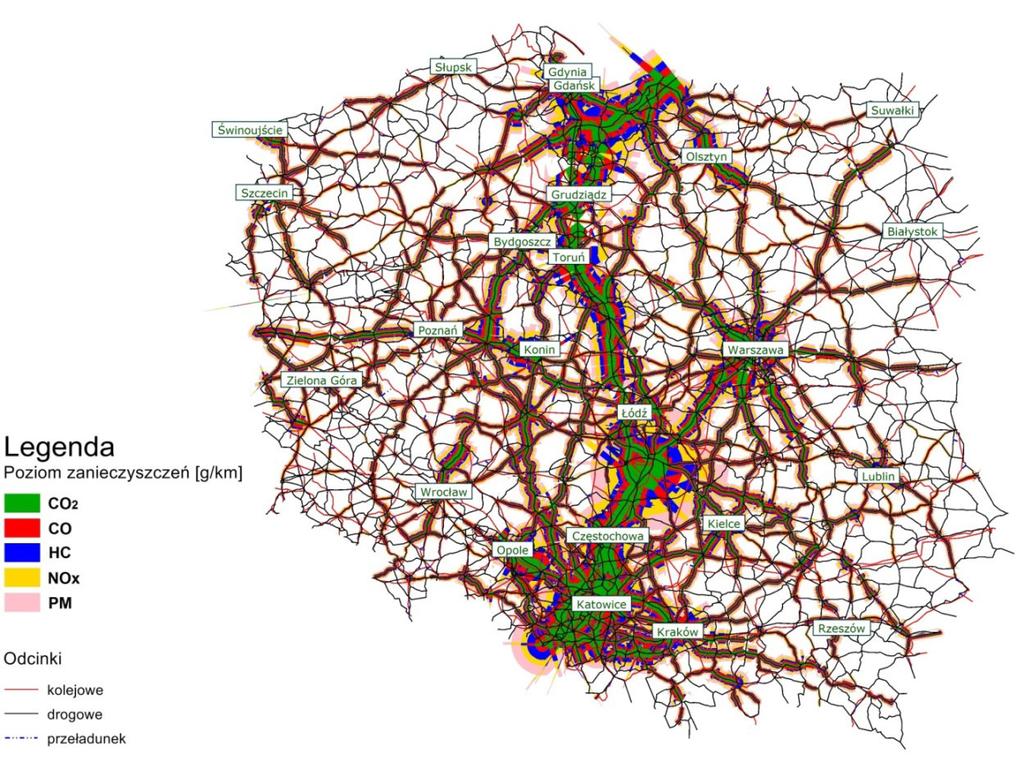 Rys. 8. Poziom emisji substancji szkodliwych dla wariantu wg kryterium minimalizacji drogi przewozu (MD) Źródło: Opracowanie własne z wykorzystaniem modelu EMITRANSYS w Visum. Rys. 9.