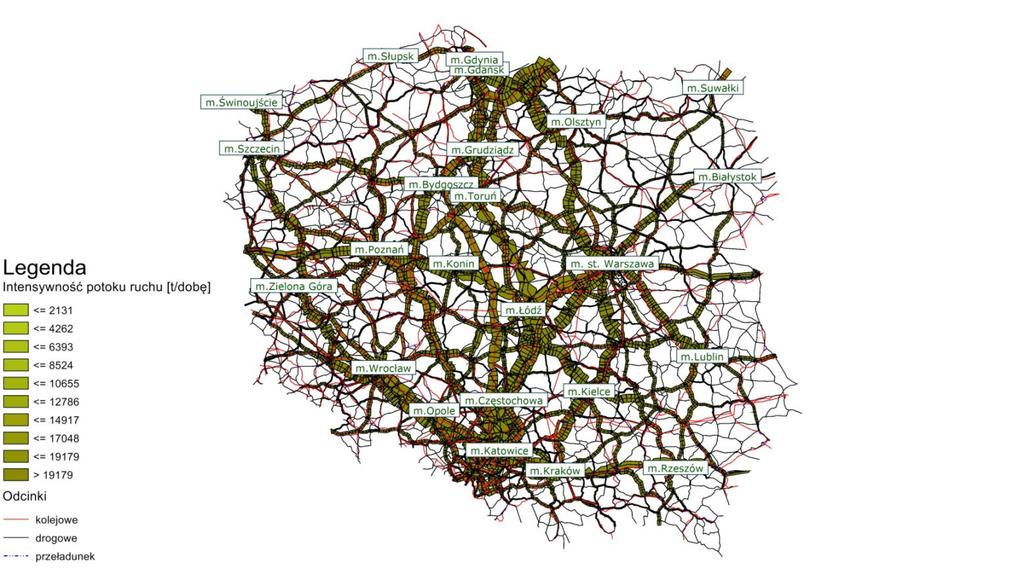 Rys. 4. Rozłożenie potoków ładunków na sieć transportową Polski wg kryterium minimalizacji długości drogi przewozu Źródło: opracowanie własne z wykorzystaniem modelu EMITRANSYS w Visum. Rys. 5.