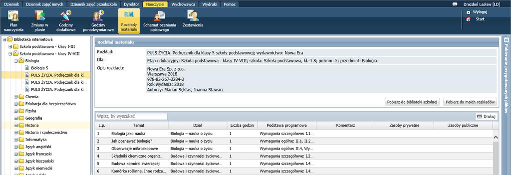 Pobieranie rozkładów z biblioteki internetowej Zalogowany nauczyciel może pobierać rozkłady z