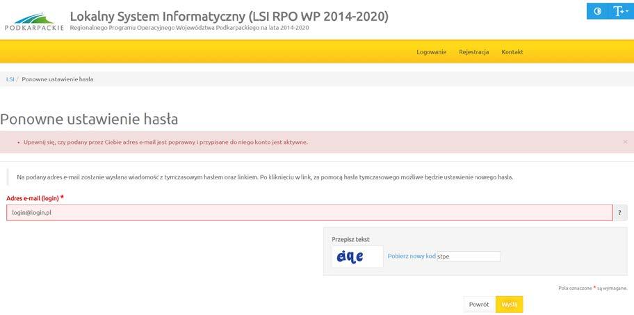 Uwaga: Do ustawienia nowego hasła nie jest konieczne podanie loginu link umożliwiający ustawienie nowego hasła ma kierować na stronę, gdzie podmiot zgłaszający podaje hasło
