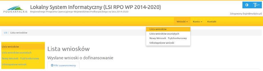 2.4.1 Wnioski 2.4.1.1 Lista wniosków Funkcjonalność pokazuje listę wniosków z podziałem na dwie tabele.