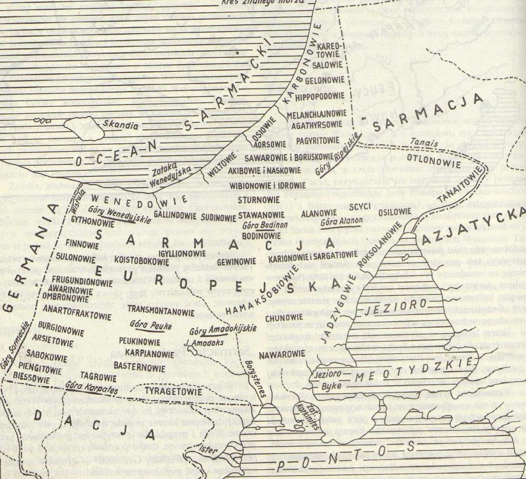 Europa środkowo-wschodnia u Ptolemeusza (Źródło: J. Strzelczyk, Od Prasłowian, s.