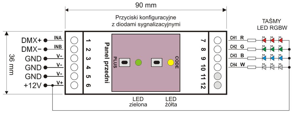 1. Opis ogólny sterownika SPL-4C. Sterownik SPL-4C jest urządzeniem przeznaczonym do sterowania diodami lub taśmami LED na 4 niezależnych wyjściach za pomocą 4 kanałów sygnału DMX-512.