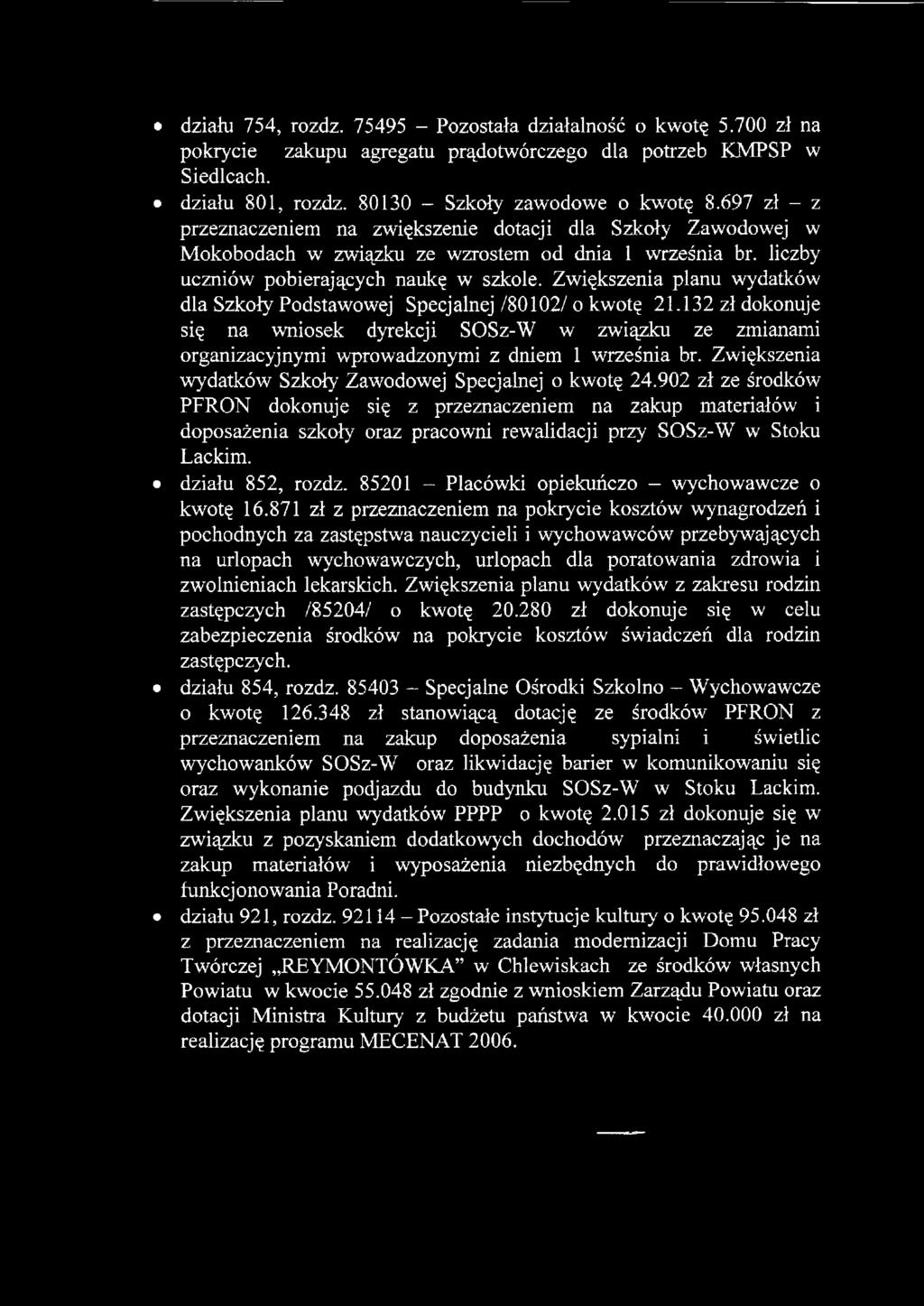 Zwiększenia planu wydatków dla Szkoły Podstawowej Specjalnej/80102/o kwotę 21.132 zł dokonuje się na wniosek dyrekcji SOSz-W w związku ze zmianami organizacyjnymi wprowadzonymi z dniem 1 września br.