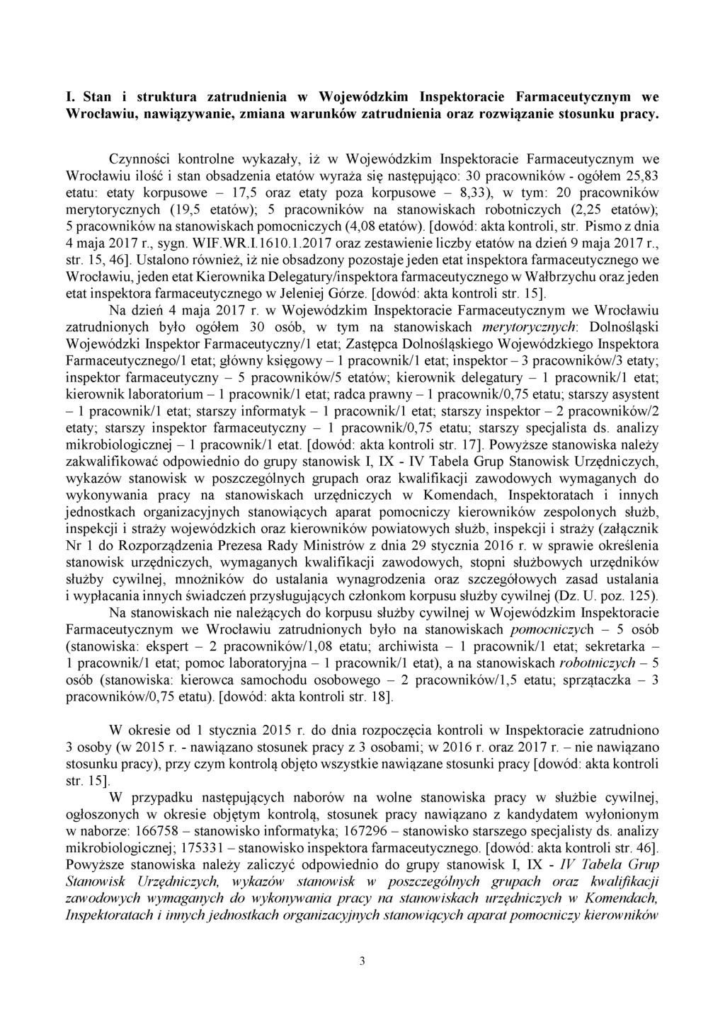 I. Stan i struktura zatrudnienia w Wojewódzkim Inspektoracie Farmaceutycznym we Wrocławiu, nawiązywanie, zmiana warunków zatrudnienia oraz rozwiązanie stosunku pracy.