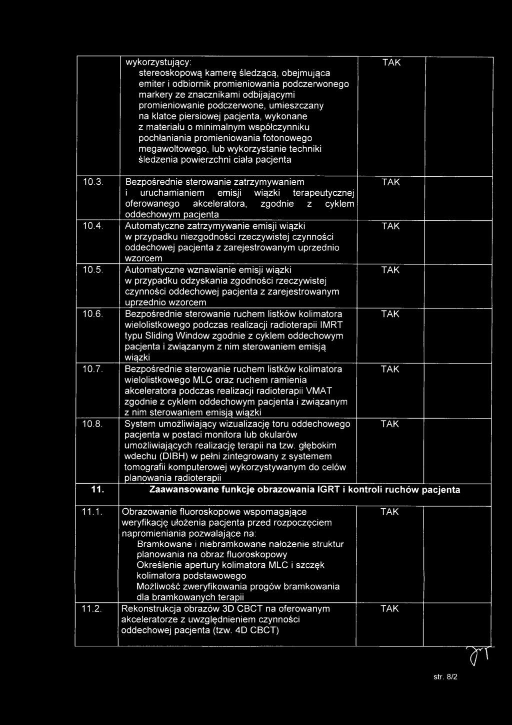 Bezpośrednie sterowanie zatrzymywaniem i uruchamianiem emisji wiązki terapeutycznej oferowanego akceleratora, zgodnie z cyklem oddechowym pacjenta 10.4.